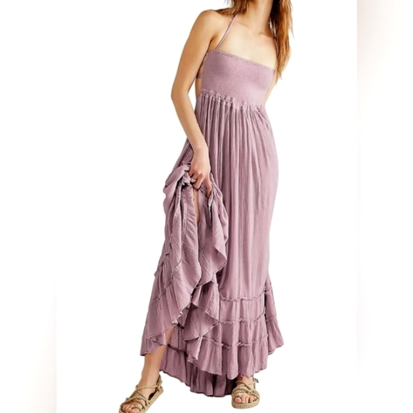 Lavender Lilac Long Gauze Boho Maxi Dress Tiered Flowy Bohemian Beach Vacation - Picture 1 of 15